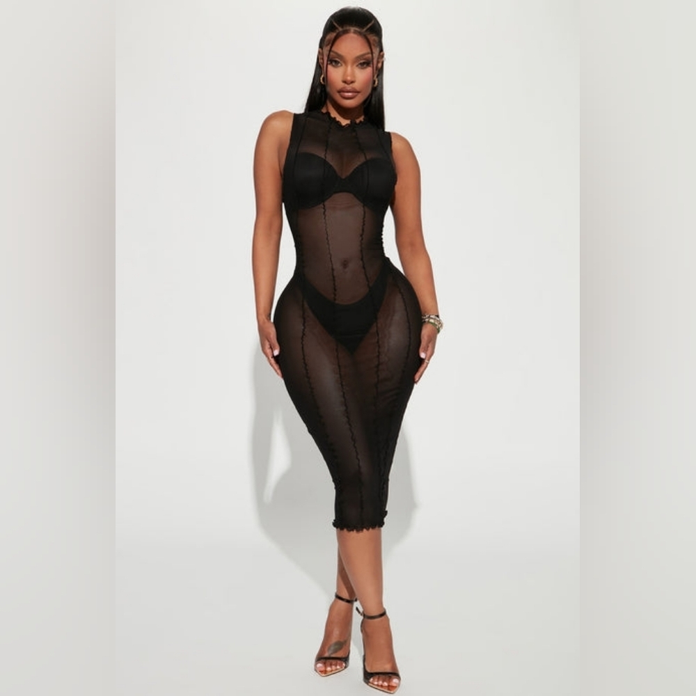 Amaya Mesh Midi Dress - Black (L)